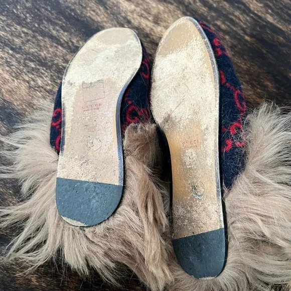 SOLD!! GUCCI DOUBLE GG WOOL/SHEARLING FUR MULE/SHOES/SLIDE - Picture 8 of 9